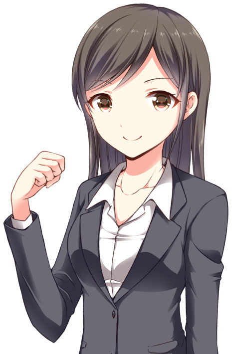 グレースーツを着てガッツポーズしている女性
